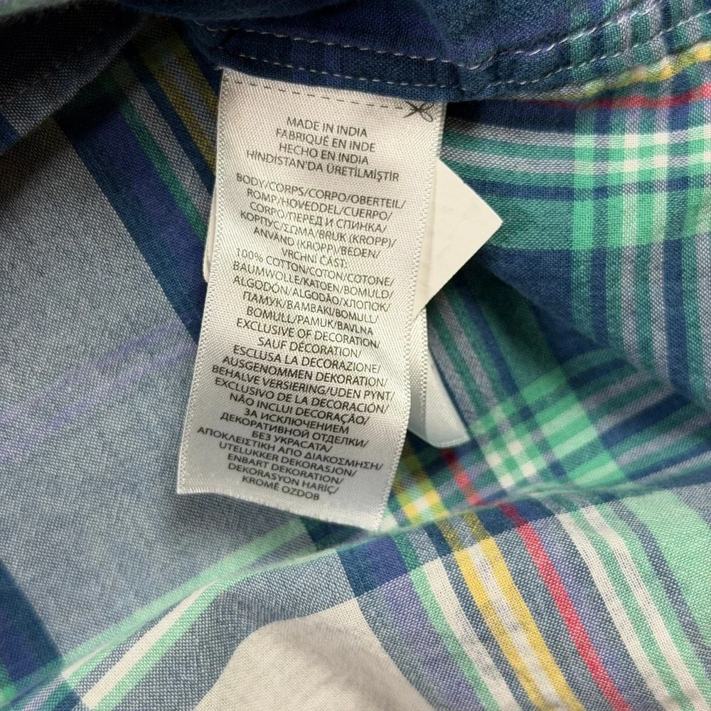 Ralph Lauren Button Down Boy L 14-16 Blue Green Plaid Palm Tree Short Sleeve